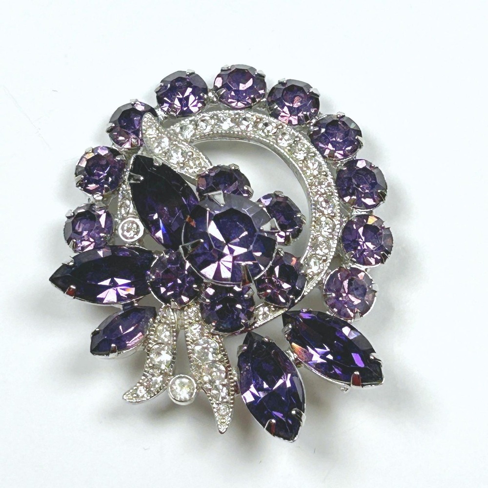 Eisenberg Ice Purple & Clear Rhinestone Wreath Bow Brooch Rhodium Vintage Hi End - Picture 7 of 7